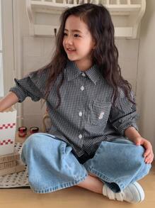 DAZY 女童格子卡通兔子长袖单排扣休闲口袋衬衫，夏季/秋季 - 黑與白 - 查看 6