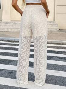 Serisse 女式松紧腰花卉蕾丝直筒优雅裤 - 米色 - 查看 2