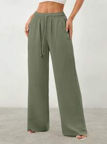 SHEIN PETITE Women's Solid Color Casual Drawstring Tie-Front Pants With Pockets,Cargo Pants - Army Green - View 3