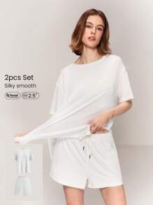 GLOWMODE Bộ 2 áo thun Modal Relaxed Fit & quần short cạp rút CloudKnit 2,5'' có túi bên hông, mặc thường ngày, xuân hè - trắng - Xem 1