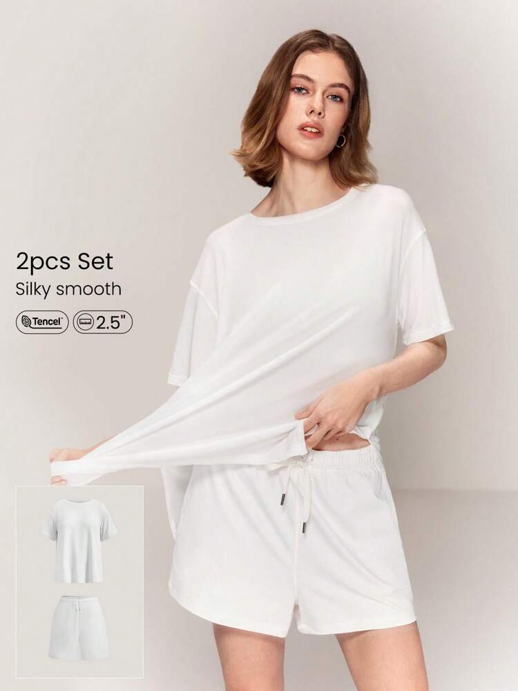 2 pezzi set casual di maglia modal a vestibilità rilassata e pantaloncini con vita regolabile in vita a cordoncino CloudKnit da 6,35 cm con tasche laterali, adatto per la primavera/estate