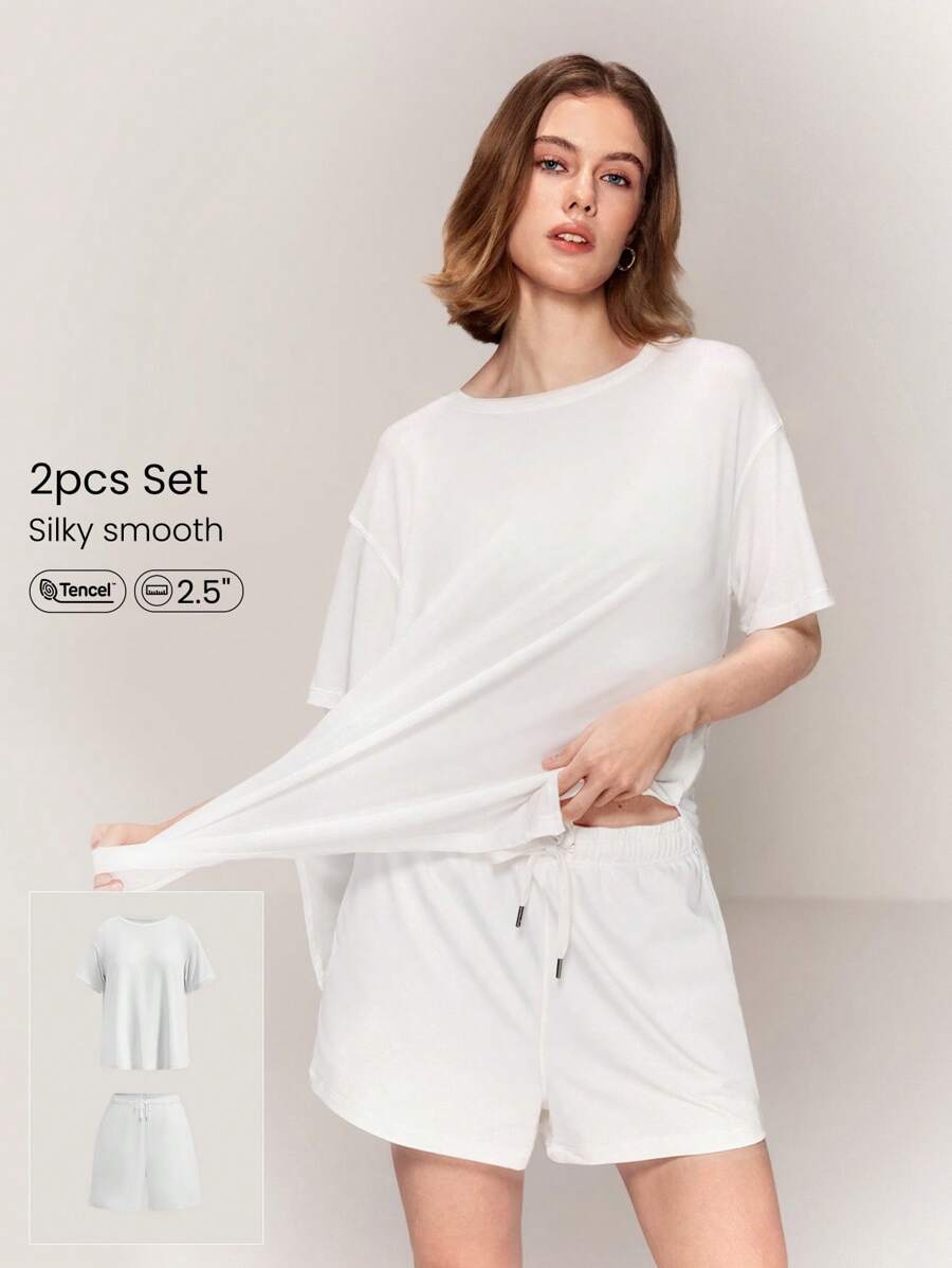 GLOWMODE Bộ 2 áo thun Modal Relaxed Fit & quần short cạp rút CloudKnit 2,5'' có túi bên hông, mặc thường ngày, xuân hè - trắng - Xem 1