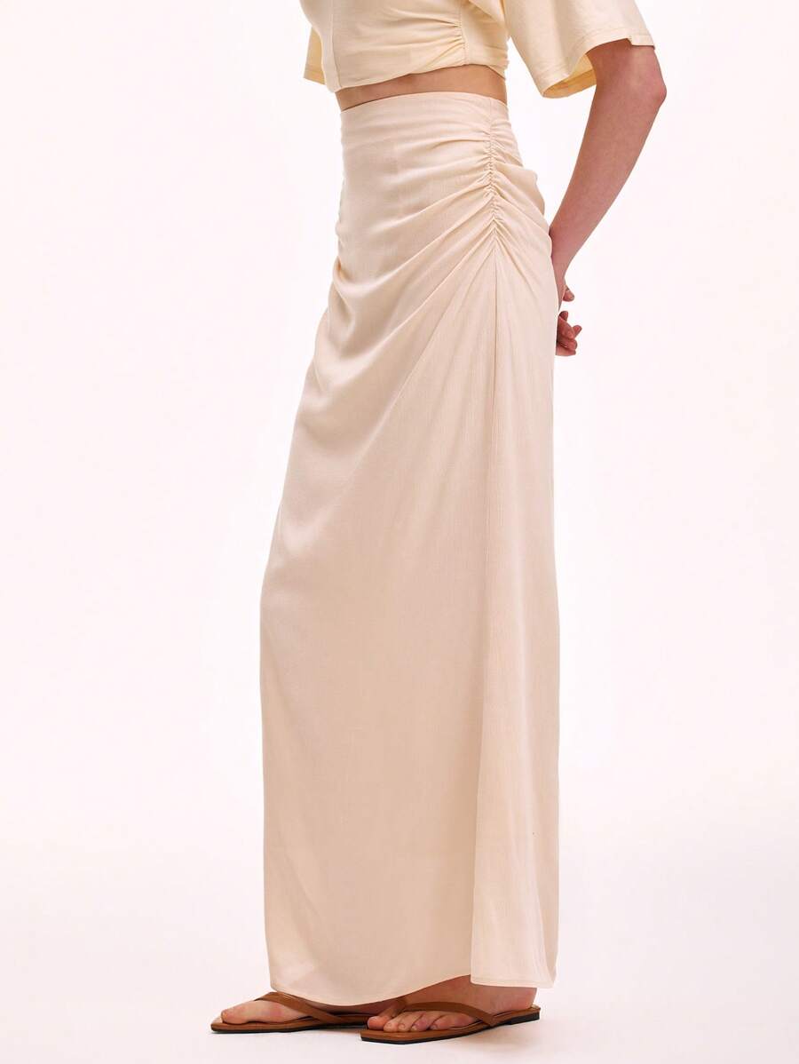 SHEIN Unity 女士纯色百褶修身半身裙,夏季 - 卡其色 - 查看 1
