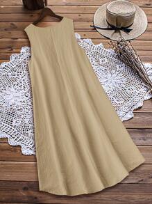 Linhara Plus Size Summer Simple Casual Sleeveless Dress - Khaki - View 2