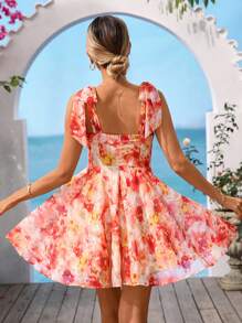 Vivid Eden Women's Floral Print Tie-Shoulder Fashionable Strap Mini Dress, Vacation Style,Vacation,Summer Romantic Pink Flower Print Chiffon Ruched Backless Double Layered A-Line Mini Dress, Suitable For Party, Date, Valentine's Day, Afternoon Tea, Spring,Sun Dress - White - View 3