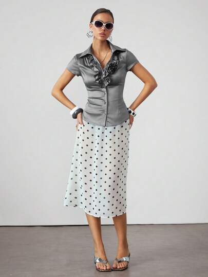 J-Fashion Women's Solid Color 3D Floral V-Neck Short Sleeve Shirt, Summer