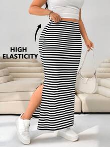 Solflare Plus Size Women Black & White Striped Split Hem Skirt Valentine's Day - Black and White - View 1