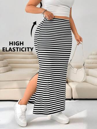 Solflare Plus Size Women Black & White Striped A-Line Skirt With Side Slit