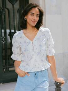 lacRébo Blusa de botones con bordado floral vintage de vacaciones, con volantes en el bajo, para oficina, atuendo de maestra, parte superior de otoño, ropa de mujer de otoño e invierno - Blanco - Ver 8