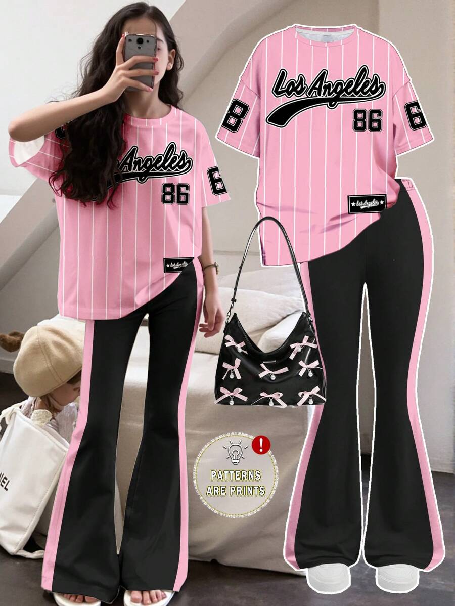 SHEIN Leap Crew 2 件套青少年女孩休闲简约风格棒球图案印花短袖上衣和裤子套装,适合夏季 - 彩色 - 查看 1
