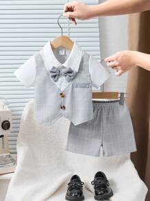 SHEIN 两件套婴幼儿男童格子拼布撞色领短袖衬衫和短裤套装 - 彩色 - 查看 3