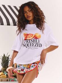 MUSERA Oversized Fruit Graphic Slogan T-Shirt Spring, Summer, Ibiza, Holiday, Cute, Festival, Vacation Beachwear, Beach, Boho Graphic Tees Baggy Oversized Cute Summer Tops Airport Holiday Airport Holiday Graphic Tees Oversized