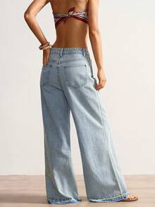 Bohemela 梭织纯色五角星图案阔腿做旧洗水牛仔裤 - 藍色 - 查看 7