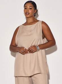 MUSERA Plus Size Slash Neck Linen Look Sleeveless Longline Top Casual, Spring, Cute, Cool Girl, Casual, Summer