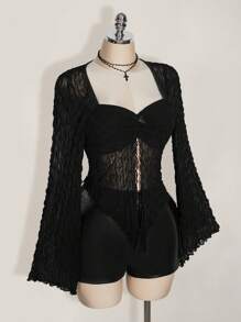 SHEIN ICON Plus Size Knitted Jacquard Flared Sleeve Pleated Square Neck Sexy T-Shirt, Knit Top, Suitable For Summer, Y2K Style