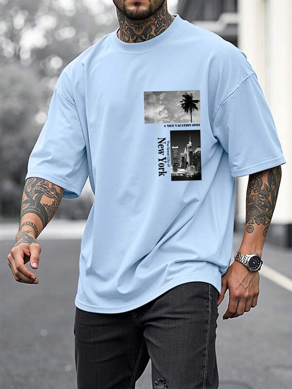 Manfinity Homme Plus Size Men Casual Street Print Drop Shoulder Loose T-Shirt, Summer Mens Summer T Shirts T Shirts For Men Mens Tee Shirts
