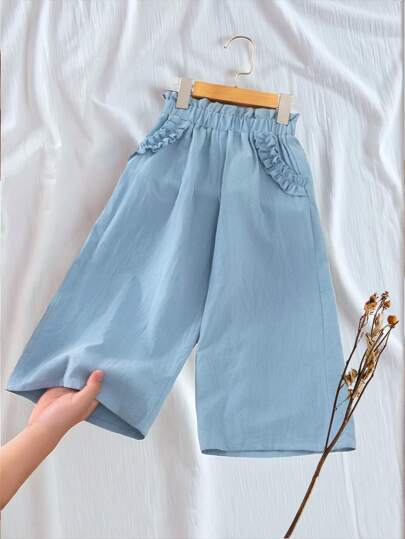 SHEIN Vintaside Kids Pantalones anchos con volantes de lino cómodos de color azul para niña, adecuados para verano/otoño/invierno, uso casual, al aire libre, picnic, uso diario