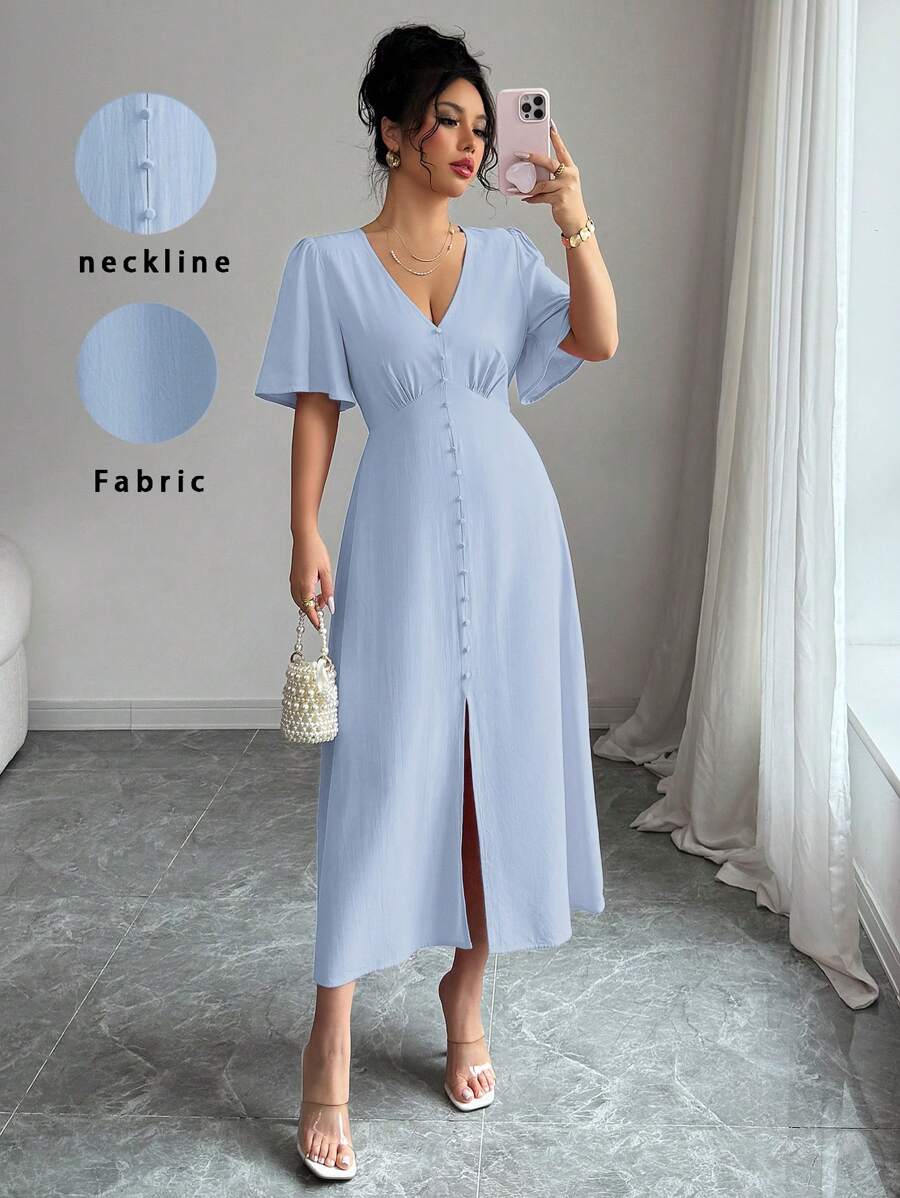 Elenzga Women's Rayon Bamboo Fiber Elegant Vacation Afternoon Tea Party V-Neck Front Button A-Line Front Slit Flared Sleeve Tied Waist Bow Short Sleeve Mid-Length Dress, Spring/Summer