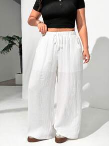 SHEIN EZwear Plus Size Women's Casual Textured Fabric Solid Color Loose Vacation Style Pants With Pockets, Summer - White - View 3