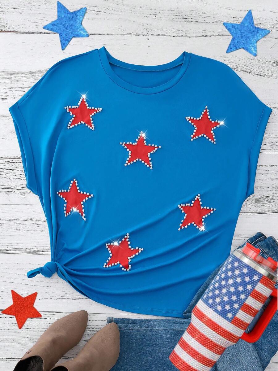 Flirla Plus Size Women Independence Day Star & Pearl Decor T-Shirt - Blue - View 1