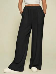 SHEIN Tall 净色斜口袋亚麻阔腿裤 - 黑色 - 查看 4