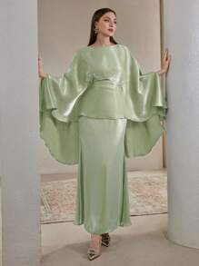 Veilorie 两件套优雅女士纯色蝙蝠袖上衣和裙子套装 - 綠色 - 查看 5