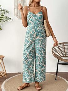 SHEIN Tropical Plant Print Jumpsuit For Pregnant Women, Vacation Wear - Green - View 1