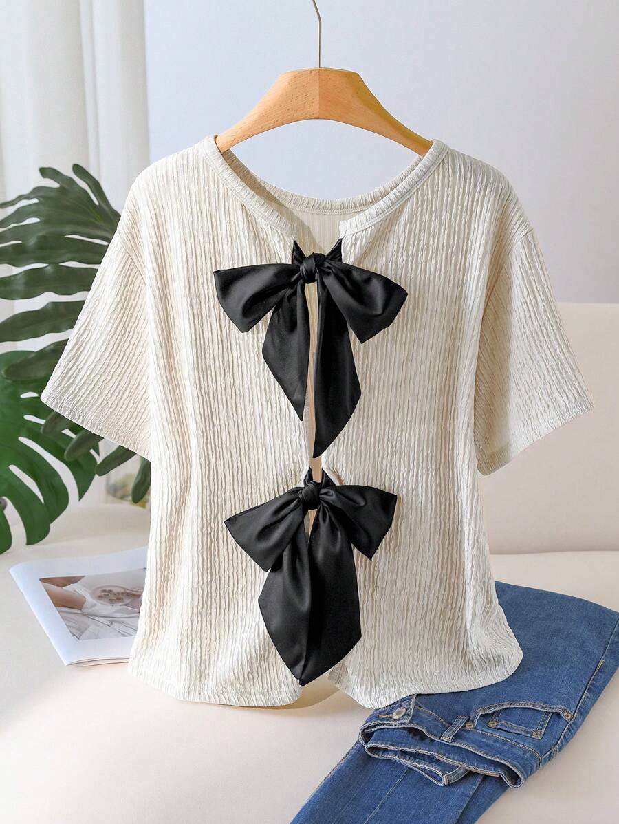 CosyJoli 大码拼色蝴蝶结短袖T恤，休闲夏季