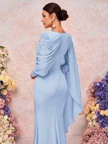 SHEIN Belle Váy phù dâu dệt kim cổ tròn tay dài trang trí xếp nếp bất đối xứng viền đuôi cá thanh lịch và lãng mạn - Màu xanh lam - Xem 2