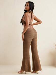 Israel Jasso Knitted Halter Neckline Cut Out Backless Wiede Leg Jumpsuit Beach Outfit Vacation Holiday Women - Brown - View 2