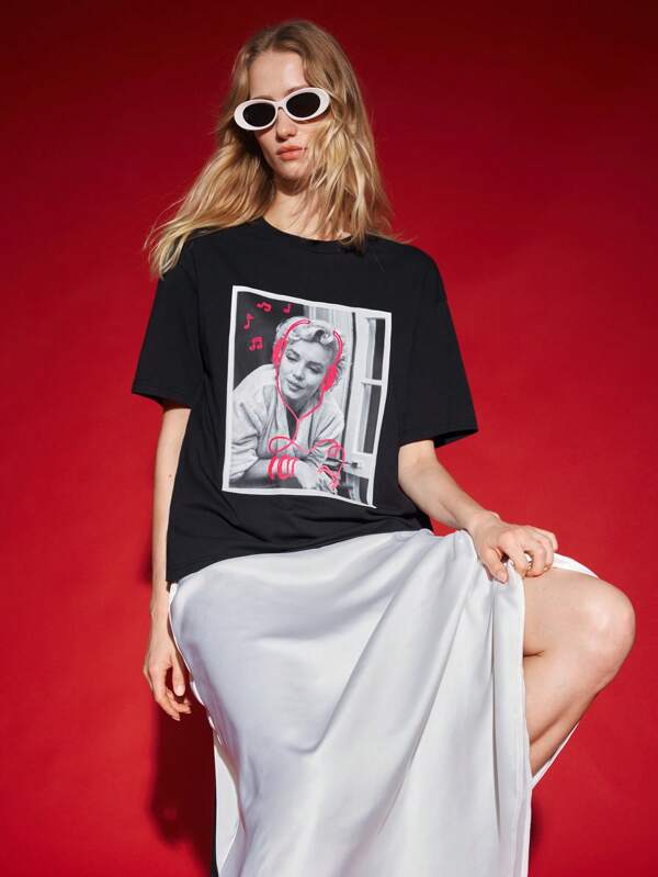 Maija Marilyn Monroe X Maija Women's Casual Dropped Shoulder Loose Portrait Print Tee, Versatile For Daily Wear, Summer