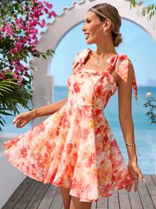 Vivid Eden Women's Floral Print Tie-Shoulder Fashionable Strap Mini Dress, Vacation Style,Vacation,Summer Romantic Pink Flower Print Chiffon Ruched Backless Double Layered A-Line Mini Dress, Suitable For Party, Date, Valentine's Day, Afternoon Tea, Spring,Sun Dress - White - View 1