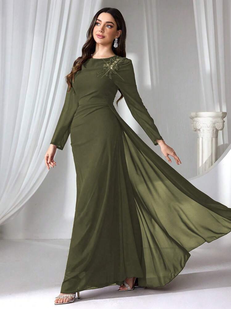 Coutiva Vestido Formal de Manga Longa de Alta Qualidade para Mulheres, Vestido de Coquetel de Gala com Elegante Vibração de Alta Qualidade, Vestido de Festa Luxuoso para Senhoras - Verde Militar - Visão 4