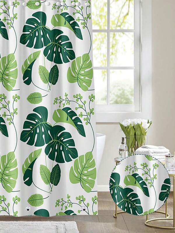 1pc Premium Waterproof Bath Shower Curtain Liner Liner Pad Set For Bathtub & Shower Stall - Green Tortoiseshell Leaf Print Mold-Resistant Bathroom Decor With Anti-Slip PEVA Fabric, Heavy Duty Bath Curtains With Hooks, Non-Mildew Bathroom Essentials For Modern Home,Home Bathroom Decor Summer