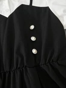 Sweetra Young Teen Girls Contrast Color 2 In 1 Short Puff Sleeve Summer Dress