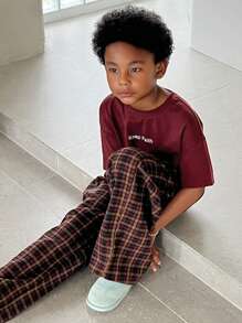 Hapijoa 青少年男孩字母印花短袖 T 恤和格子裤睡衣套装，返校服 - 酒紅色 - 查看 7