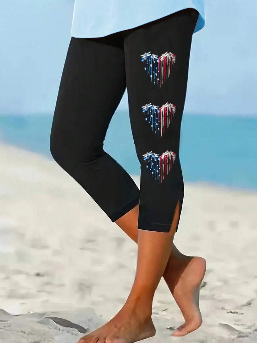 SHEIN LUNE Pantalones con Bottom dividida y estampado en forma de corazón para mujer - Multicolor - Ver 1