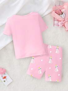 2pcs Baby Girl Cute Cat Graphic Round Neck Short Sleeve Tee And Shorts Casual Pajamas Set, Comfortable Stretchy Knit Fabric - Pink - View 5
