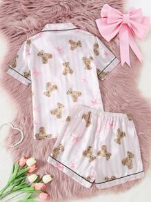 Girl Pajamas - Pink Bow & Bear Striped Print Satin-Like Trim Contrasting Color Short Sleeve Shorts Set, Fashion Collar Casual Loungewear Summer  Cute Pajama Sets Girl Pajama Set Pajamas Set - Multicolor - View 2