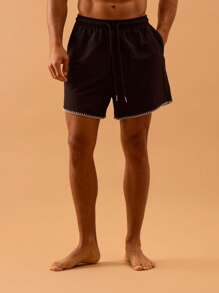 Musero Men Contrast Stitch Swim Short Elasticated Drawstring Waistline Summer Spring Holiday Vacation Beachy Poolside - Black - View 2