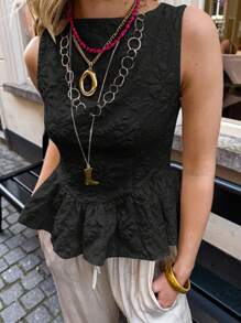 Siren Gaze 女式夏季新款提花圆领荷叶边下摆背心 - 黑色 - 查看 7