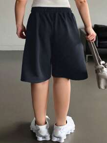 Dazy Plus Solid Color Drawstring Waist Loose Fitting Knee Length Street Style Shorts - Navy Blue - View 2