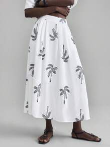 Ontre Women's White Spring And Summer Palm Tree Pattern Casual Skirt, Bohemian Style, Big A-Line Slimming, Oatmeal Color Loose And Comfortable Long Skirt, Party, Vacation, Island Vacation, Island Music Festival, Suitable For Summer - White - View 3