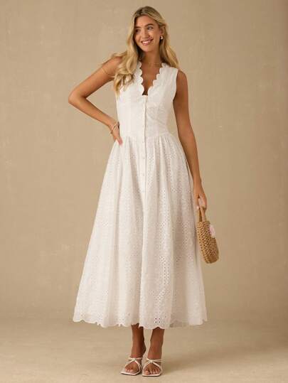 Enchnt Spring/Summer Romantic Women's Fashion White Shell Edge Sleeveless Embroidery Pattern Maxi Dress,Sweet&Elegant For Vacation&Date&Holiday&Party&Graduation&Wedding Guest&Beach,Prom Dress,Summer Dresses For Women,Sun Dresses For Women,Summer Clothes, ,Elegant Dresses For Party Business Casual Woman