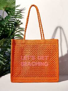 SHEIN VCAY Vacation Casual Letter Pattern Woven Tote Bag, Beach Bag - Orange - View 2