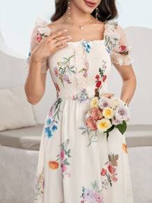 Modelyn Vestido largo con volantes en el bajo, impresión digital para mujeres