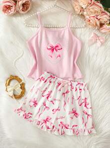 SHEIN Juego de prendas de dormir casuales de verano para niña de 2 piezas con short con tirantes y decoración de lazo