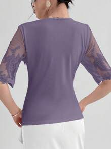 Modelyn Ladies' Asymmetric Neckline Contrast Mesh Summer T-Shirt Graphic Tees Women Tops - Purple - View 3