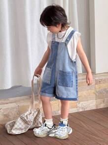 SHEIN 男童新款时尚休闲柔软深浅蓝色宽松牛仔背带裤儿童服装男童服装日常装和儿童夏春装