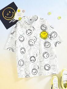 SmileyWorld® | SHEIN Women's Summer Y2K Cute Street White Smiling Face Pattern Front Button Short Sleeve Shirt, Summer
